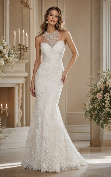 Robe de mariée sirène sans manches à col montant avec encolure illusion et appliques