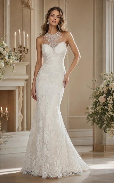 High-Neck Sleeveless Mermaid Wedding Dress With Illusion Neck And Appliques