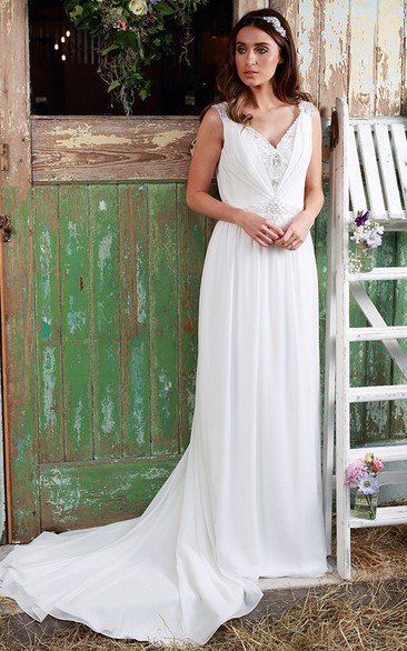 Sleeveless Ruched V-Neck Chiffon Wedding Dress With Beading
