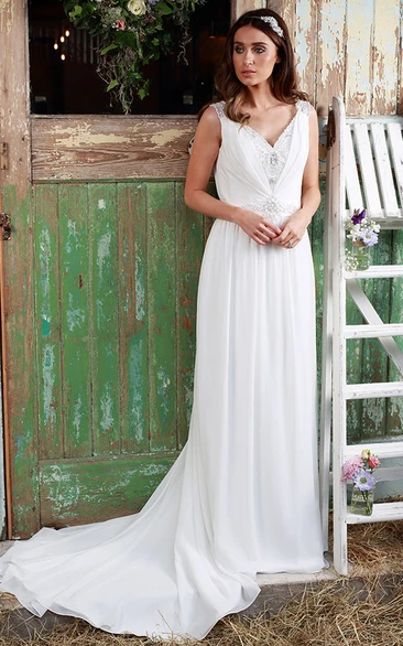 Sleeveless Ruched V-Neck Chiffon Wedding Dress With Beading