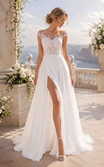 White Lace Cap Sleeve A-Line Wedding Dress with Front Split