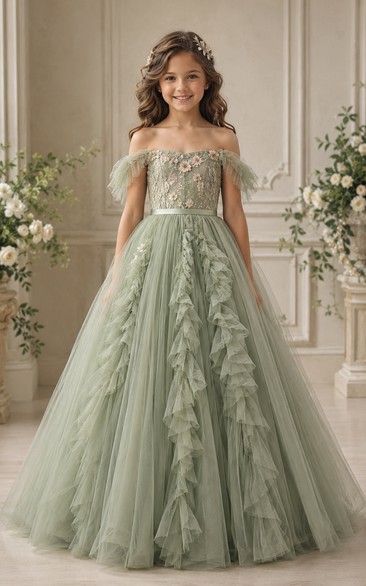 A-line Floor Length Petal Sleeve Tulle Lace Flower Girl Dress with Sage off-shoulder floral applique tulle gown