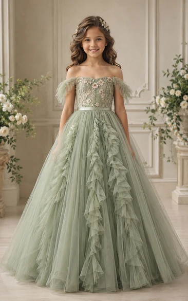 A-line Floor Length Petal Sleeve Tulle Lace Flower Girl Dress with Sage off-shoulder floral applique tulle gown