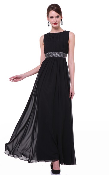 A-Line Ankle-Length Jewel-Neck Sleeveless Chiffon Dress With Waist Jewellery