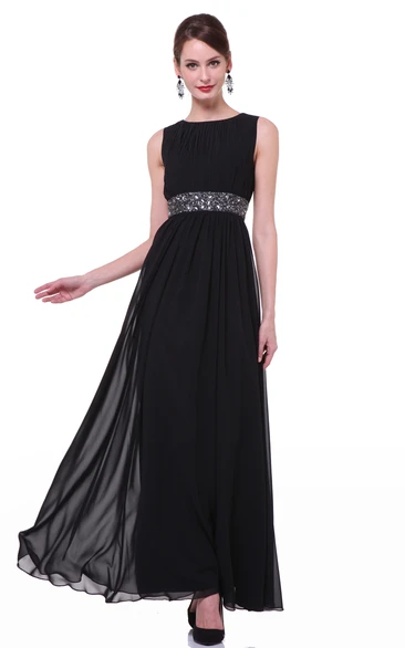 A-Line Ankle-Length Jewel-Neck Sleeveless Chiffon Dress With Waist Jewellery