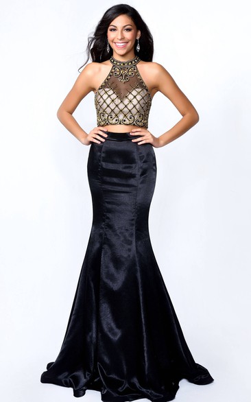 Mermaid Floor-Length High Neck Sleeveless Satin Dress With Beading