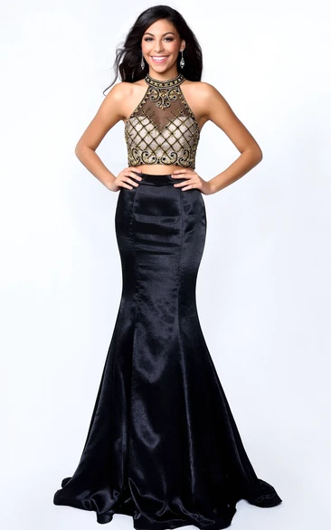 Mermaid Floor-Length High Neck Sleeveless Satin Dress With Beading