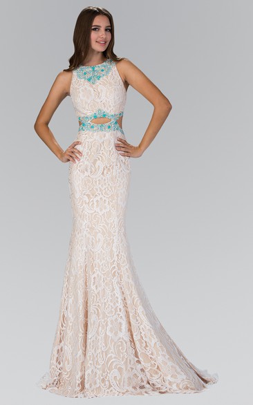 Trumpet Floor-Length Jewel-Neck Sleeveless Lace Zipper Dress With Beading