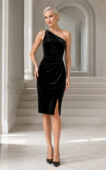 Black One-Shoulder Velvet Sheath Cocktail Dress with Ruched Midi Skirt