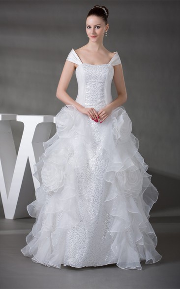 Caped-Sleeve Ruffled Flower and Ball-Gown With Sequins