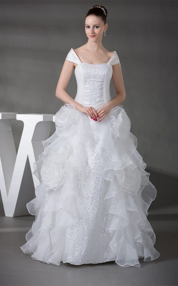 Caped-Sleeve Ruffled Flower and Ball-Gown With Sequins