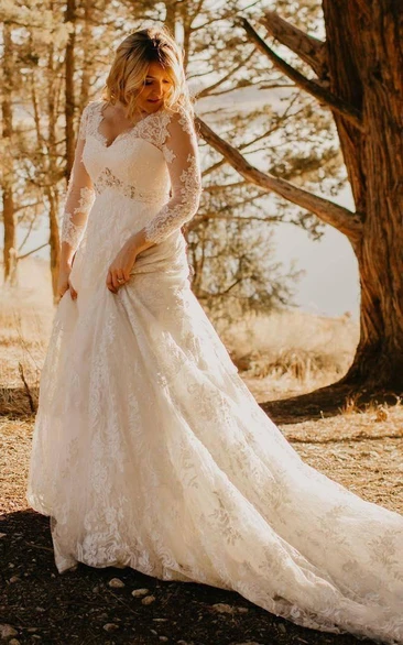 Plus Size Long Sleeve Country Lace V-neck Vintage Wedding Dress