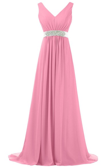 V-neck Pleated Chiffon A-line Gown With Beaded Band
