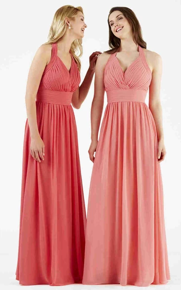 Long Halter Ruched Chiffon Bridesmaid Dress With V Back