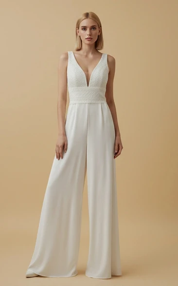 Deep V Neck Sleeveless Lace Wedding Jumpsuit