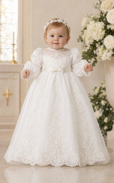 Baby Christening Gown Modest Princess Ball Gown Long Sleeve Illusion Tulle Lace Floor-Length with Bow Sash in White