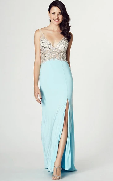 Floor-Length V-Neck Beaded Sleeveless Jersey Prom Dress