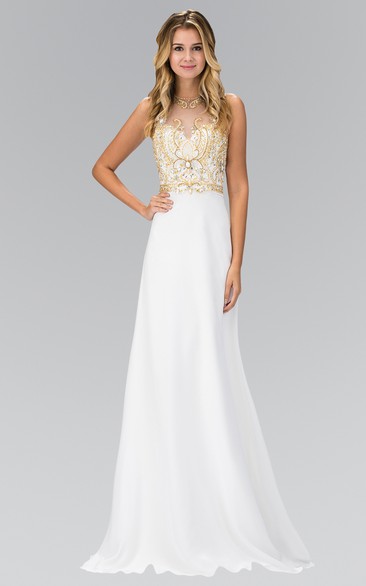 A-Line Jewel-Neck Sleeveless Jersey Keyhole Dress With Beading