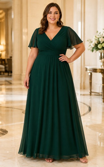 Vestido de gasa verde oscuro de talla grande con escote en V y corte en A, mangas cortas con volantes.