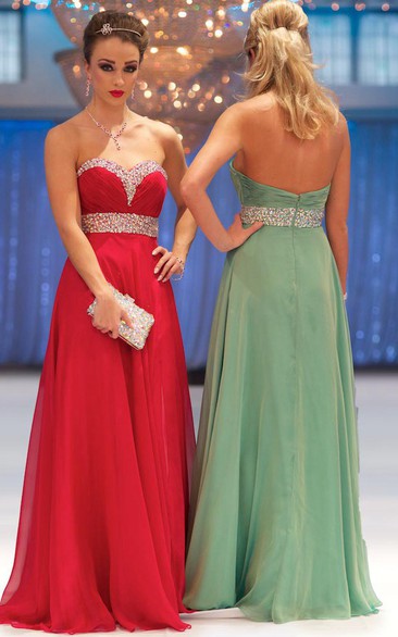 A-Line Sweetheart Ruched Sleeveless Maxi Chiffon Prom Dress With Beading