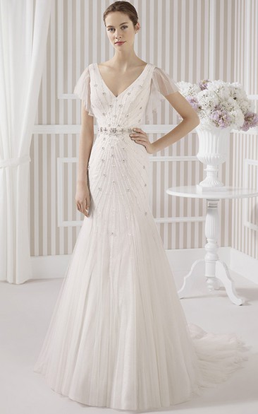 Sheath V-Neck Poet-Short-Sleeve Beaded Long Tulle Wedding Dress With Pleats And Low-V Back