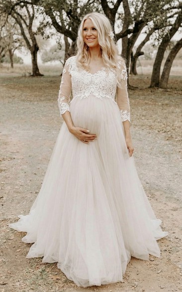 Long Sleeve Lace Maternity Wedding Dress with Scoop Neck and Soft Tulle Skirt