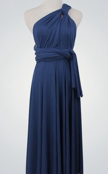 One Shoulder A-line Jersey Long Dress With Sash and Pleats Deep Blue