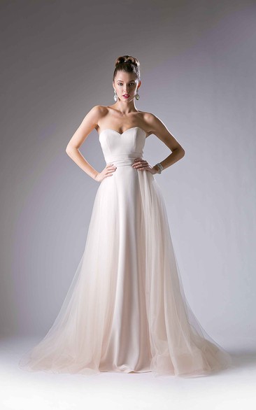A-Line Long Sweetheart Sleeveless Tulle Satin Sweep Train Backless Dress