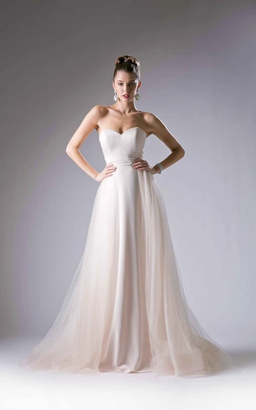 A-Line Long Sweetheart Sleeveless Tulle Satin Sweep Train Backless Dress