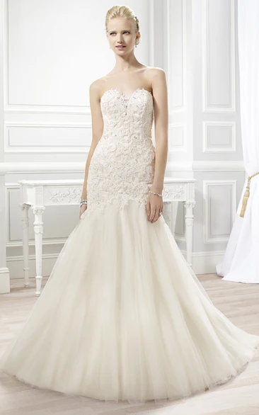 Trumpet Sweetheart Floor-Length Beaded Lace&Tulle Wedding Dress With Appliques And V Back
