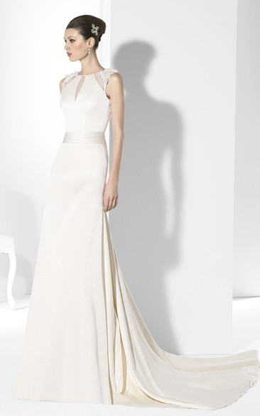 Sheath Jewel-Neck Sleeveless Floor-Length Chiffon Wedding Dress