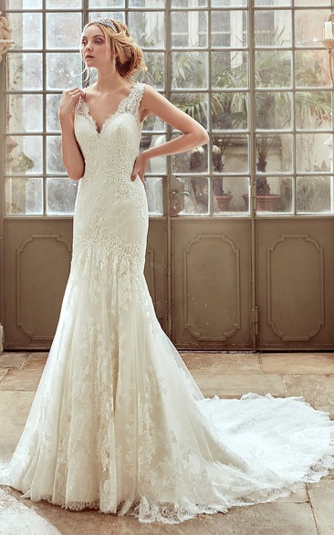 Strap-Neck Lace Wedding Dress With Illusive Back and Chapel Train