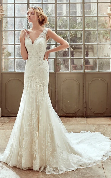 Strap-Neck Lace Wedding Dress With Illusive Back and Chapel Train