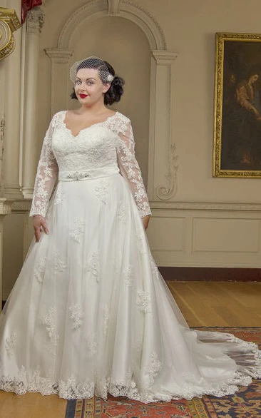 Long Sleeve Lace Bridal Gown With Crystal Satin Sash And Lace Up
