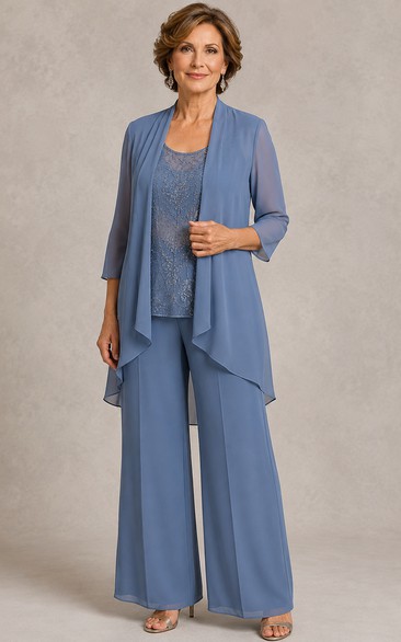 Jumpsuit Ankle-length Scoop 3/4 Length Sleeve Chiffon Mother Jumpsuit with Jacket