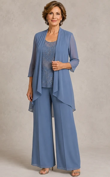Jumpsuit Ankle-length Scoop 3/4 Length Sleeve Chiffon Mother Jumpsuit with Jacket