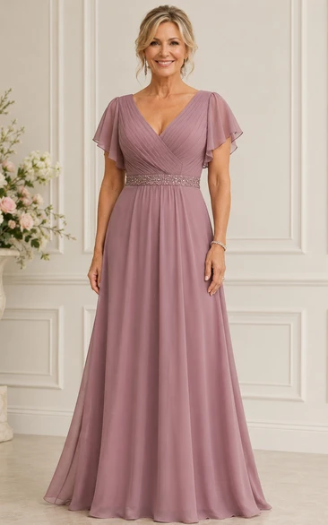 A-Line V-Neck Short Sleeve Chiffon Mother Dress with Beading