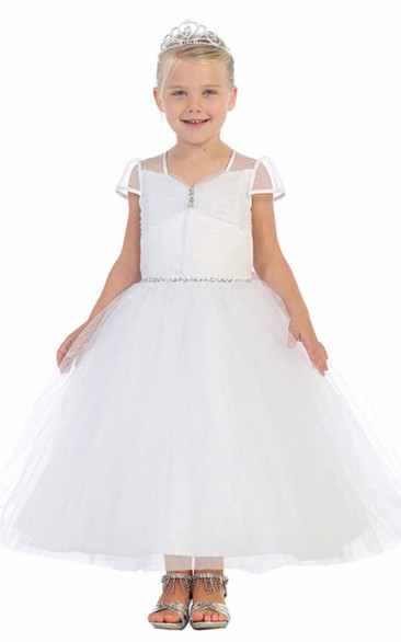 Illusion Ankle-Length Ruched Tiered Tulle Flower Girl Dress With Sash