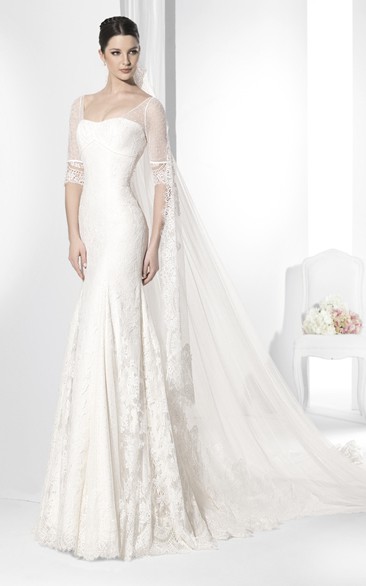 Sheath Strapless Illusion-Sleeve Lace Wedding Dress With Keyhole