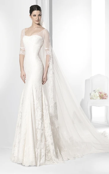 Sheath Strapless Illusion-Sleeve Lace Wedding Dress With Keyhole
