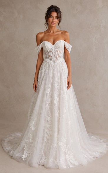 A-Line Wedding Dress Off Shoulder Long Sleeve Sweetheart Tulle Lace Applique Floor Length Chapel Train Ivory