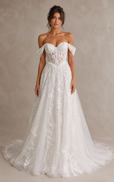A-Line Wedding Dress Off Shoulder Long Sleeve Sweetheart Tulle Lace Applique Floor Length Chapel Train Ivory