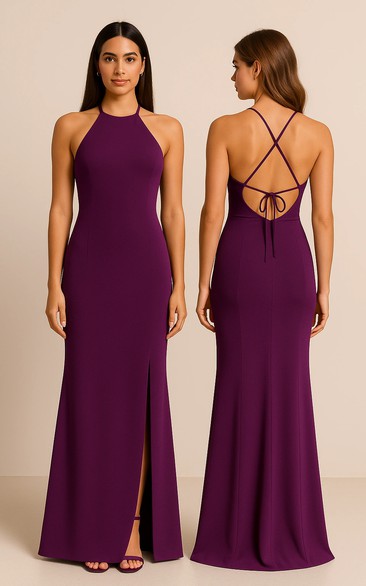 Purple Halter Sheath Front Split Floor-length Dress 