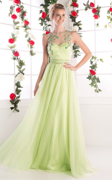 Sheath Scoop-Neck Sleeveless Chiffon Illusion Dress With Beading