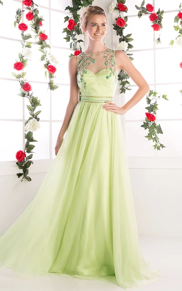 Sheath Scoop-Neck Sleeveless Chiffon Illusion Dress With Beading