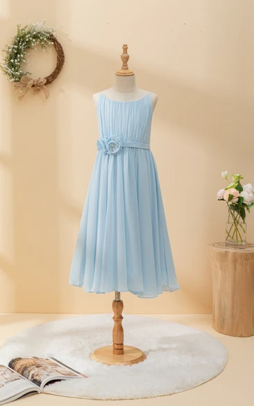 Chiffon Ruffled Short Pleated Sky Blue Flowergirl Dress with Petals
