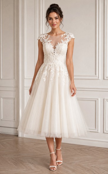 A-Line Tea-Length Bateau Short Sleeve Tulle Wedding Dress with Appliques