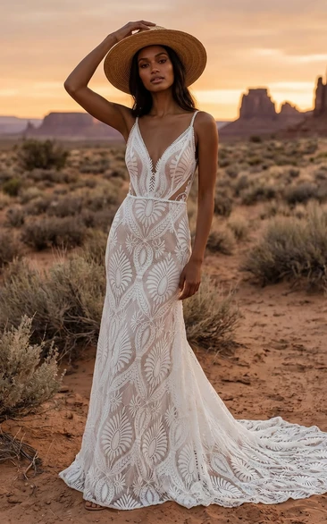 Simple Lace Beach Low-v Back Boho Sheath Wedding Dress