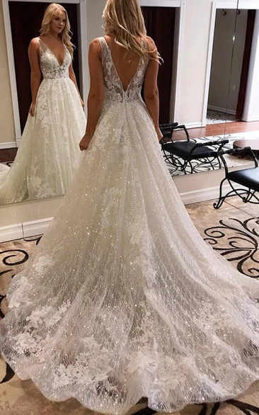 Sexy Sleeveless Plunged A-line Empire Ball Gown Wedding Dress with Beadings