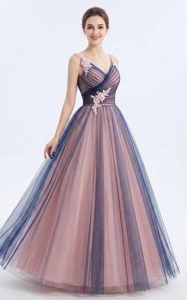 Dusty Rose and Dark Navy Ball Gown Tulle A-Line Prom Dress with Lace Appliques